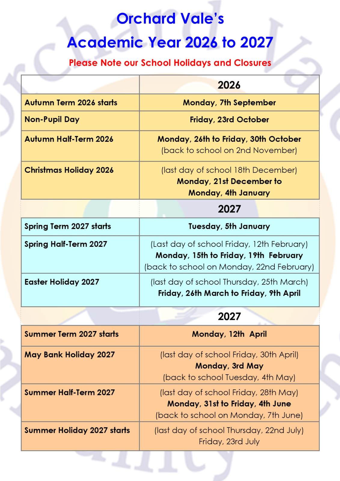 2026 to 2027 Term Dates